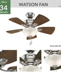 34 Inch Indoor Ceiling Fan With LED Light And Pull Chain, Standard Mount, 5 Blades, Quiet Operation, Brushed Nickel Finish