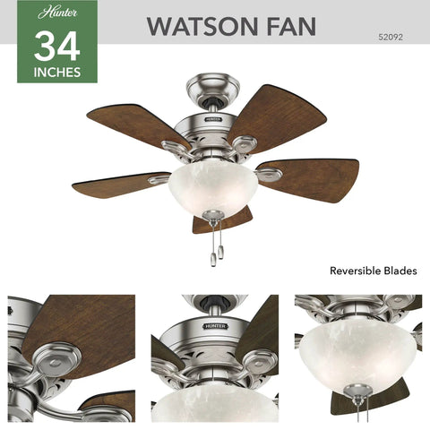 34 Inch Indoor Ceiling Fan With LED Light And Pull Chain, Standard Mount, 5 Blades, Quiet Operation, Brushed Nickel Finish