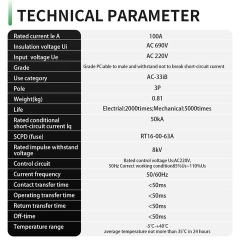 100 Amp 220V Automatic And Manual Transfer Switch 3 Pole Din Rail Mounted Dual Power ATS For Home And RV Solar Ready Auto Changeover Fast Transfer Lightweight Compact Design technical parameter chart