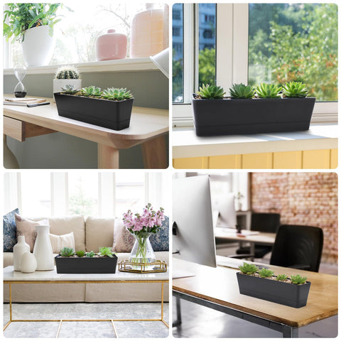 3 Pack 16x3.8 Inch Window Box Planters With Drainage Holes And Trays, Black Rectangular Plastic Pots for indoor settings