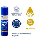 Close-up of a glue stick with text "All Purpose Office Glue Sticks 6g Pack Of 30 Purple Goes On Dries Clear For Paper."