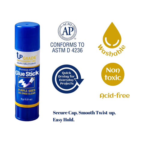 Close-up of a glue stick with text "All Purpose Office Glue Sticks 6g Pack Of 30 Purple Goes On Dries Clear For Paper."