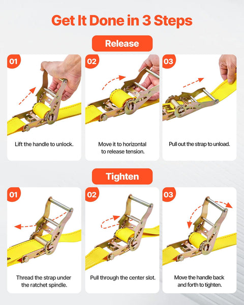 Instructions for using Heavy Duty 2 Inch By 15 Foot E Track Ratchet Straps Kit With 4400 Lbs Break Strength Polyester Webbing.