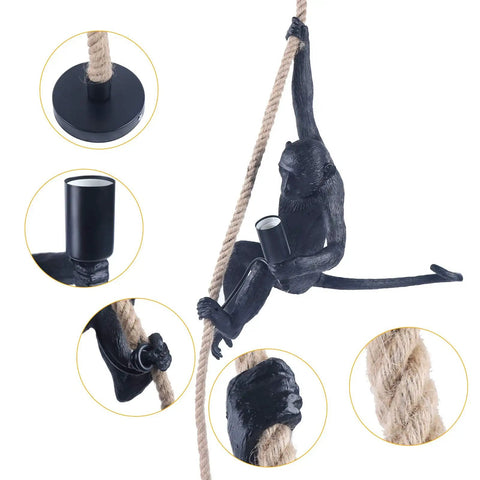 Dope Monkey Pendant Light With Hemp Rope Industrial Edison Retro Chandelier for Indoor Decor with resin monkey and iron base.
