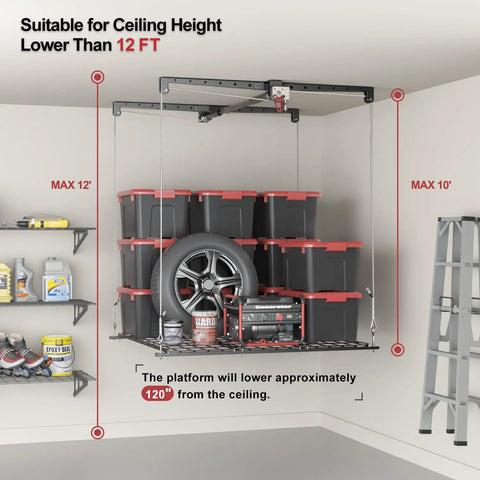 Heavy Duty Overhead Garage Storage Rack For 10 To 12 Ft Ceilings With A Slick Drop Down Release And Rock Solid Safety Locks 4X4 Foot Ceiling Loft Organizer 250 Lb Capacity Max Out Your Space