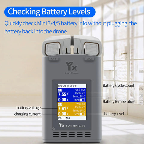 Two-Way Charging Hub For Mini 5 Pro, Mini 4 Pro, Mini 3 Pro Quick-Charge Dual Battery Dock With Battery Level Indicator display