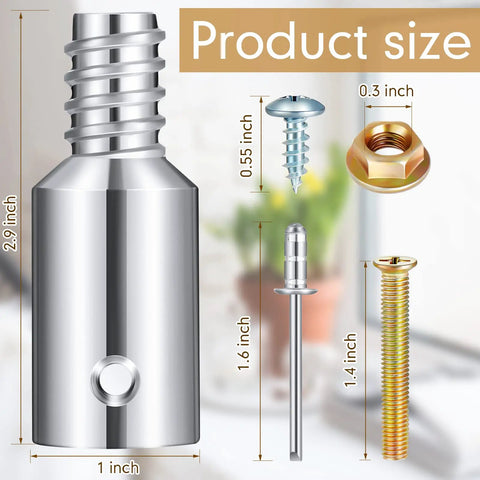6 Piece Threaded Tip Replacement Kit For Extension Poles And Metal Brooms, DIY Friendly, Includes Nuts, Short And Long Screws, Blind Rivets, And 1 Inch Broom Handle Adapter Tips. Size chart with 1-inch metal adapter tip, 0.55-inch screw, and nuts