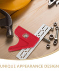 Metal Angle Ruler For Woodworking And Carpentry High Precision Protractor Tool on wooden surface with scattered bolts and nuts.