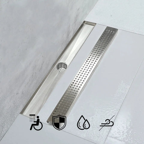 24 Inch Linear Shower Drain With Removable Grate Cover, AISI 304 Stainless Steel, Hair Catcher, in modern shower setting