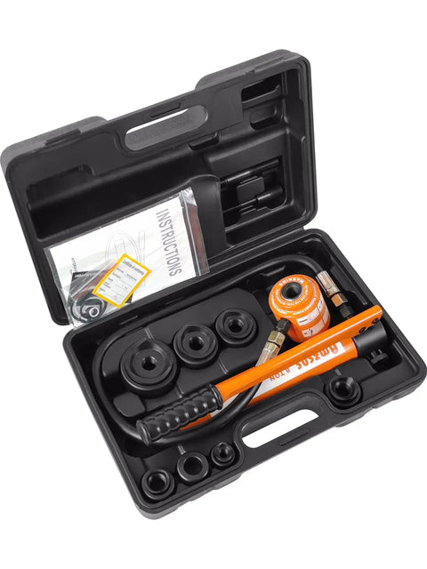 Heavy Duty 8 Ton Hydraulic Knockout Punch Driver Kit With One Half Inch To Two Inch Dies Electrical Conduit Hole Cutter Set Six Die Punches Included Pro Grade KO Tool Fast Clean Holes Durable Pump No Leak Easy Operation in black carry case