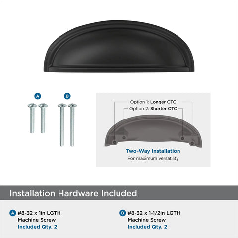 Rock Solid Traditional Cup Pull Handle In Slick Black Bronze Finish For Kitchen Cabinets And Vanity Drawers with installation hardware included.
