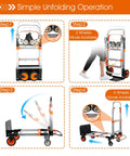 Diagram showing 3 In 1 Folding Hand Truck Dolly Cart With Wheels Built Tough Heavy Duty Aluminum Collapsible Moving Cart 600 Lbs Capacity Convertible Dolly For Moving Furniture Home Office Warehouse in four steps of unfolding.
