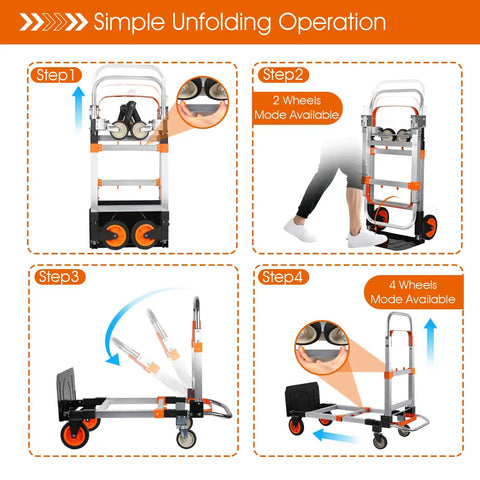 Diagram showing 3 In 1 Folding Hand Truck Dolly Cart With Wheels Built Tough Heavy Duty Aluminum Collapsible Moving Cart 600 Lbs Capacity Convertible Dolly For Moving Furniture Home Office Warehouse in four steps of unfolding.