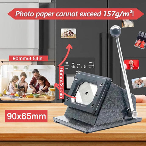 Fridge Magnet Maker Kit With Paper Cutter DIY Photo Magnet Press Machine Complete Craft Set, showing 90x65mm use example on fridge