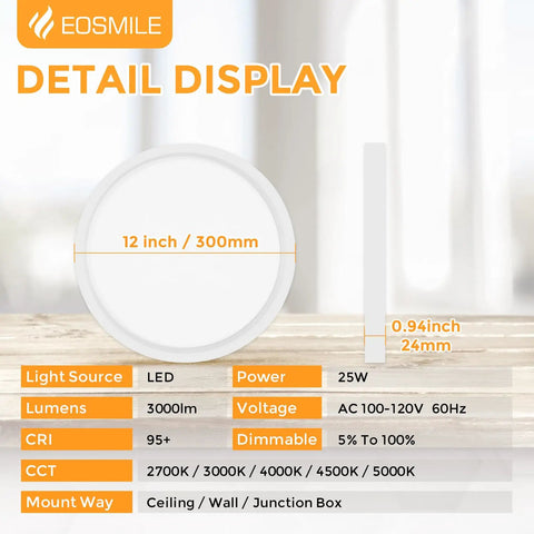 12 Inch LED Flush Mount Ceiling Light 25W 3000 Lumens Dope Bright Dimmable With Five Color Temperature Options detail display.