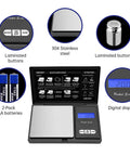 Pocket Digital Scale 200g Capacity, 0.01g Precision, showing parts like stainless steel platform, laminated buttons, and digital display