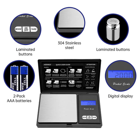 Pocket Digital Scale 200g Capacity, 0.01g Precision, showing parts like stainless steel platform, laminated buttons, and digital display