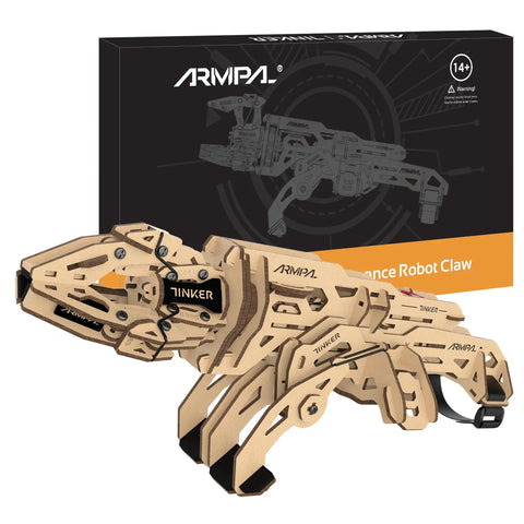 Hands On 3D Wooden Mechanical Claw Model Kit For Adults And Teens ClawBot Puzzle With 190 Laser Cut Pieces Build Your Own Robotic Gripper STEM DIY Toy For Grown Ups And Students, assembled wood claw with box