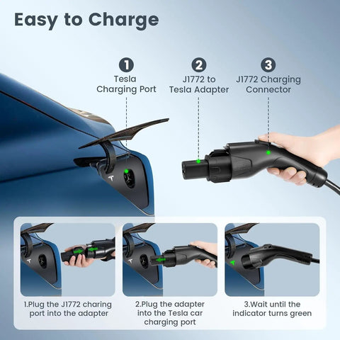 J1772 To Nacs Ev Charging Adapter For Tesla Model 3 Y X S Max 60 Amps Fast Charging shown connecting to Tesla charging port.