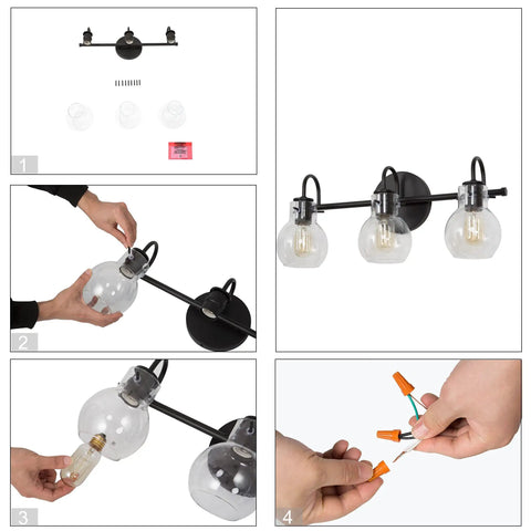 Assembly process of 3 Light Black Vanity Light With Clear Glass Shades showing installation steps and components.