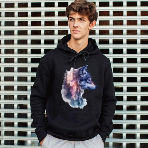 Man wearing hoodie featuring Forest Animal Iron On Transfer 4 Pack For Clothing And DIY Projects Bear Cat Leopard Wolf Heat Transfer Stickers For T Shirts Hoodies Jackets DTF Ready To Press Washable Decals