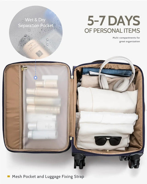 Open Flight Ready Carry On Luggage 22x14x9 Inches with TSA Lock showing organized clothing and toiletries.