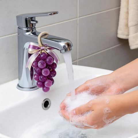 Silicone Grape Soap Mold Kit With Six Colorful Cords And Two Threading Tools For Realistic Grape Soaps in use by a sink