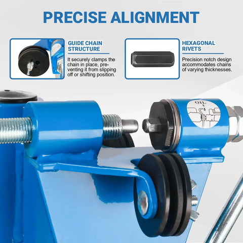 Close-up of 2 In 1 Chainsaw Chain Breaker And Spinner Tool Kit with guide chain structure and hexagonal rivets detail.
