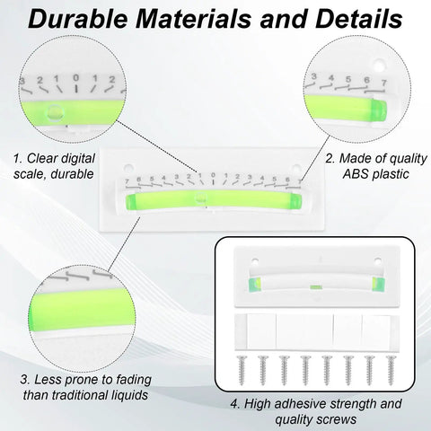 Close-up of Four Pack RV Level Bubble Kit With Two Rectangular And Two T Type Levels Stick On Or Screw Mount Mini Levelers materials