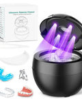Go-To Ultrasonic Retainer Cleaner Pod With 45KHz Deep Cleaning, Digital Timer, 200ml Tank, shown with dental items and UV light