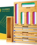 Front view of 9 In 1 Bamboo Kitchen Drawer Organizer With Built In Plastic Wrap And Aluminum Foil Dispenser And Cutter, Baggie Organizer For Sandwich, Snack, Quart And Gallon Bags, And Extra Drawer Storage Box.