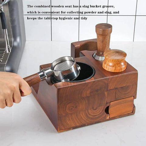 Slick Wooden Coffee Knock Box With A Solid Built In Tamping Station And Smart Hidden Compartment For Zero Hassle Daily Espresso Cleanup On Your Kitchen Counter, showing integrated wooden seat and portafilter.