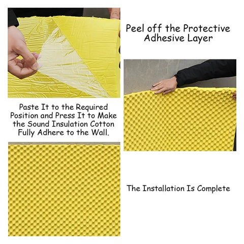 Hands peeling protective layer from Super Self Adhesive Acoustic Foam Sound Panels 3 Cm Thick Fire Resistant Noise Blocking Rolls.