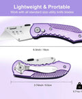 Purple Vickay folding utility knife with aluminum handle and belt clip; open 6.3 in, folded 3.74 in from front/side views.