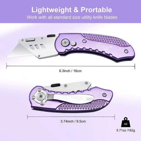 Purple Vickay folding utility knife with aluminum handle and belt clip; open 6.3 in, folded 3.74 in from front/side views.