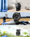 Portable Clip On Fan For Desk And Stroller, USB Rechargeable Mini Table Fan With 360 Degree Rotation, 3 Speeds in use on desk, bike, and hanging