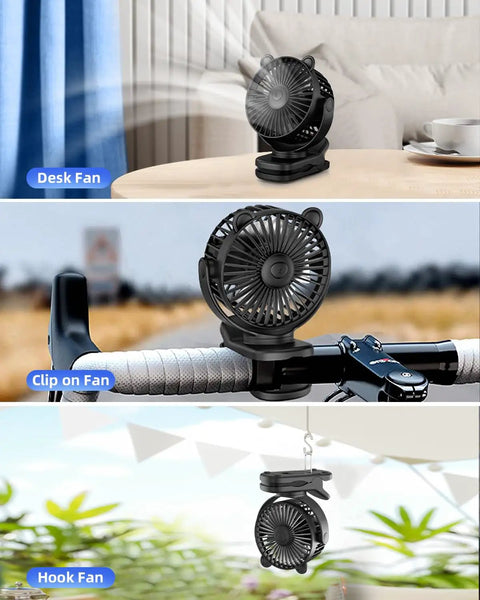 Portable Clip On Fan For Desk And Stroller, USB Rechargeable Mini Table Fan With 360 Degree Rotation, 3 Speeds in use on desk, bike, and hanging