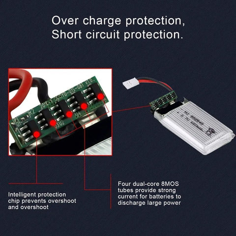 Two Pack 3.7V 650mAh LiPo Batteries For X5C X5 RC Quadcopter Drone With XH2.54 Molex Plug And USB Charger Included, circuit protection