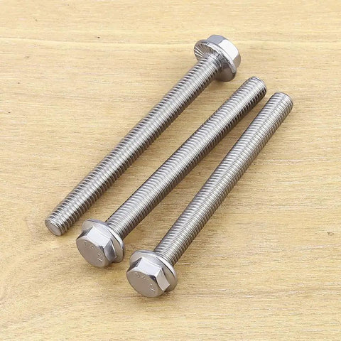 Heavy Duty Badass M10 Hex Flange Bolts Featuring Serrated Locking Flanges And Rust Resistant 304 Stainless Steel Construction on wooden surface.