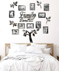 Tree Wall Decal Set With Acrylic 3D Mirror Panels And Photo Frames, Dope Removable Wall Art For Living Room Bedroom Kitchen Dining And Office, Black 47 By 47 Inches, Modern Home Decor above a bed showcasing family photos.