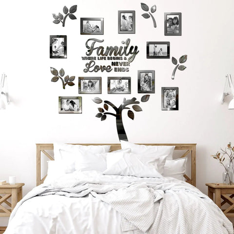 Tree Wall Decal Set With Acrylic 3D Mirror Panels And Photo Frames, Dope Removable Wall Art For Living Room Bedroom Kitchen Dining And Office, Black 47 By 47 Inches, Modern Home Decor above a bed showcasing family photos.