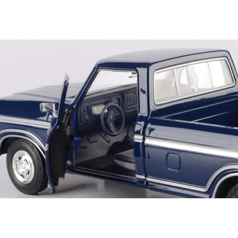 Ford 1979 F150 Pickup Diecast Truck Model In Dark Blue One Twenty Four Scale With Realistic Exterior And Interior Details Old School Vibe And Durable Metal Body Collectible Showpiece For Diecast Fans By Motormax with open driver door showing detailed interior