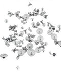 100 Piece Watch Screw Set With Micro Battery Clamp Screws scattered on surface, stainless steel assortment for watchmaking and repair