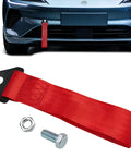Heavy Duty Racing Tow Strap With Thick Nylon Towing Rope And Secure Hooks attached to car front with bolt and nut.