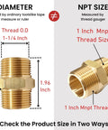 Diagram showing Brass NPT Hex Nipple Male Pipe Adapter 1 Inch By 1 Inch Thread Outer Diameter 1.25 Inches dimensions and NPT size comparison