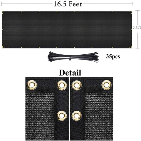 Balcony Privacy Screen Cover 3.5 Ft by 16.5 Ft, Outdoor Privacy Screen with 35 zip ties, grommet details shown, black material