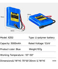 12V 3000mAh Rechargeable Lithium Battery Pack With 12.6V Charger 3A Max DC Output Portable Power Kit, blue casing, detailed specs