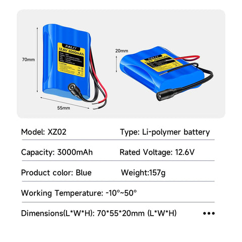 12V 3000mAh Rechargeable Lithium Battery Pack With 12.6V Charger 3A Max DC Output Portable Power Kit, blue casing, detailed specs