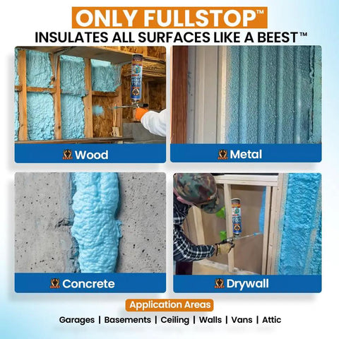 Heavy Duty Spray Foam Insulation Kit For Walls And Attic Featuring Sick Fire Rated Heat Blocking And Sound Dampening With Thirty Six Cans Pro Trigger Gun Cleaning Fluid And Complete Safety Kit applied on wood, metal, concrete, and drywall.