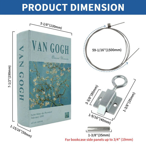 Heavy Duty Hidden Door Book Latch Featuring Slick Concealed Bookshelf Catch For Seamless Safe Room Upgrade And Smooth Operator DIY Stealth Lock Set dimensions and components including bookshelf latch and cable.